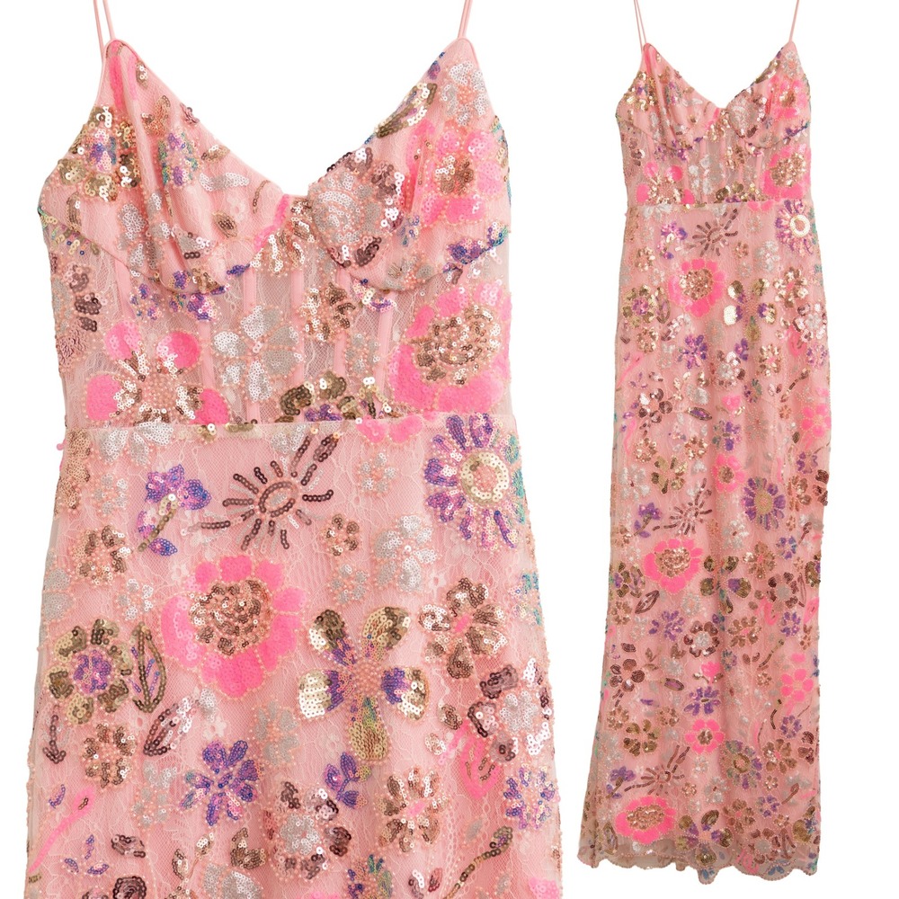 Mac‎ Duggal Formal Gown Pink Floral Lace Sequin Sz 2 Glam FairyCore Prom Dress